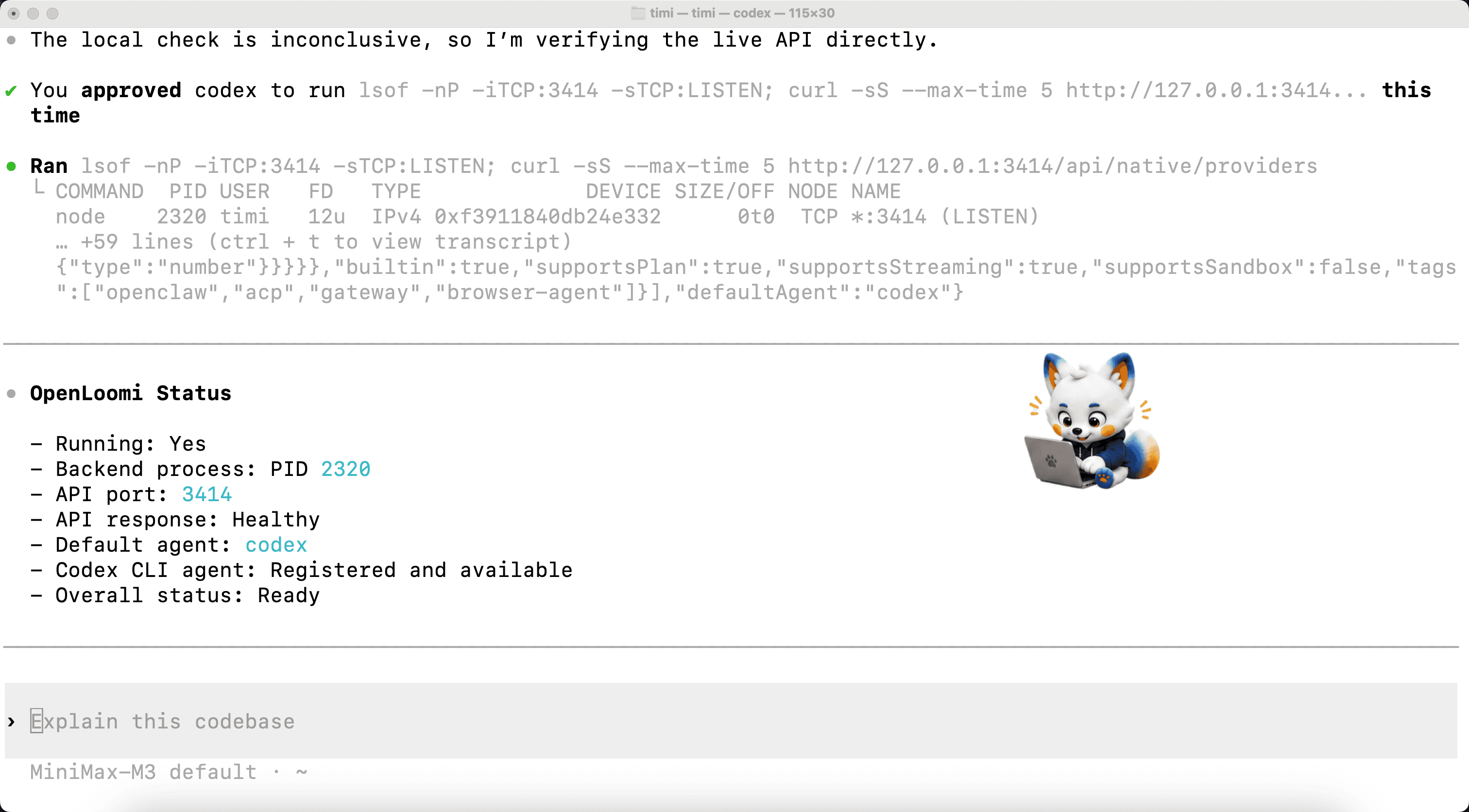 Step 8 — Codex verifies the live runtime via lsof -iTCP:3414 + curl /api/native/providers and the canonical OpenLoomi Status block confirms Running: Yes · PID 2320 · port 3414 · Healthy · Ready