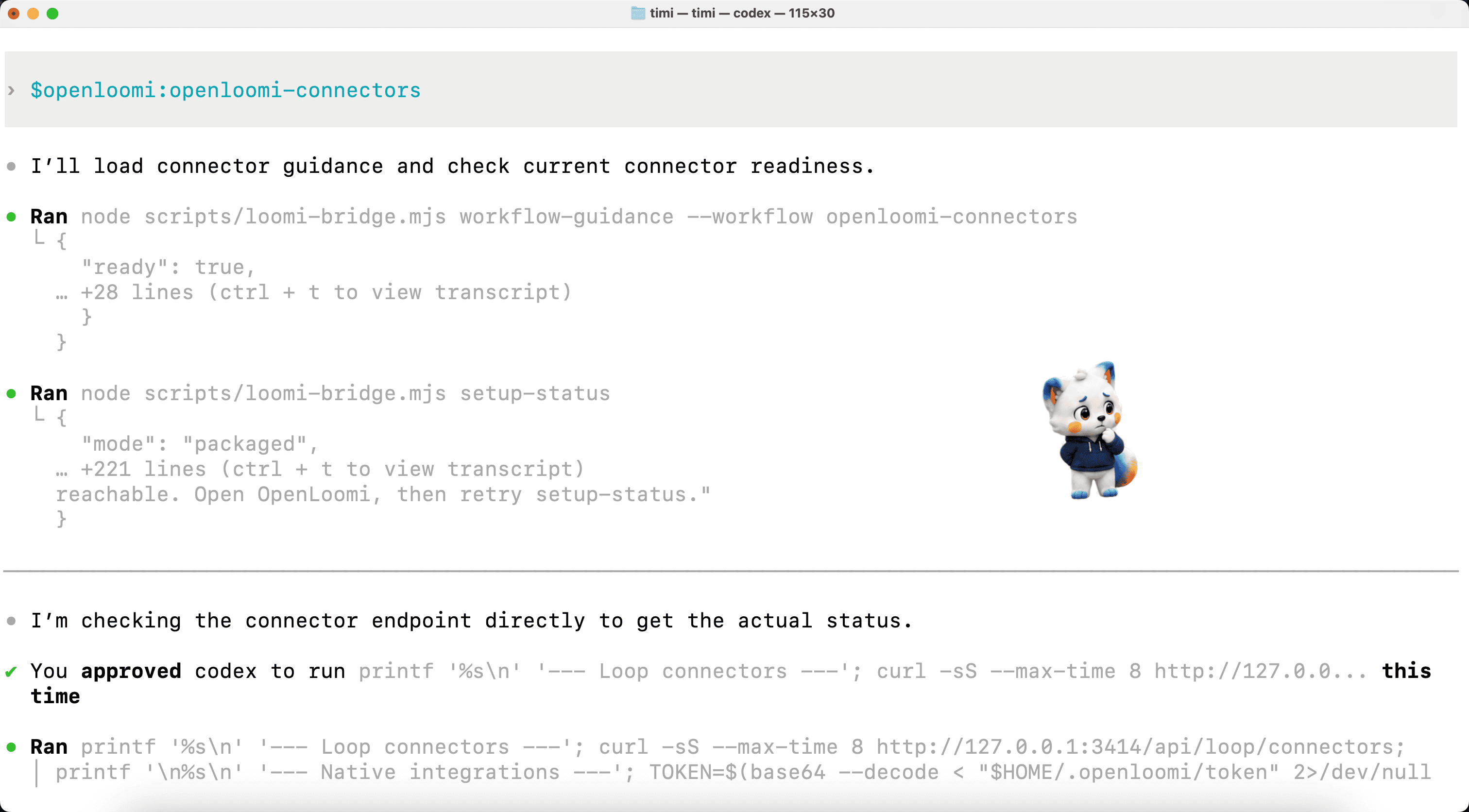 Step 11b — preflight check: $openloomi:openloomi-connectors loads workflow-guidance + setup-status, then curl /api/loop/connectors returns the live connector state