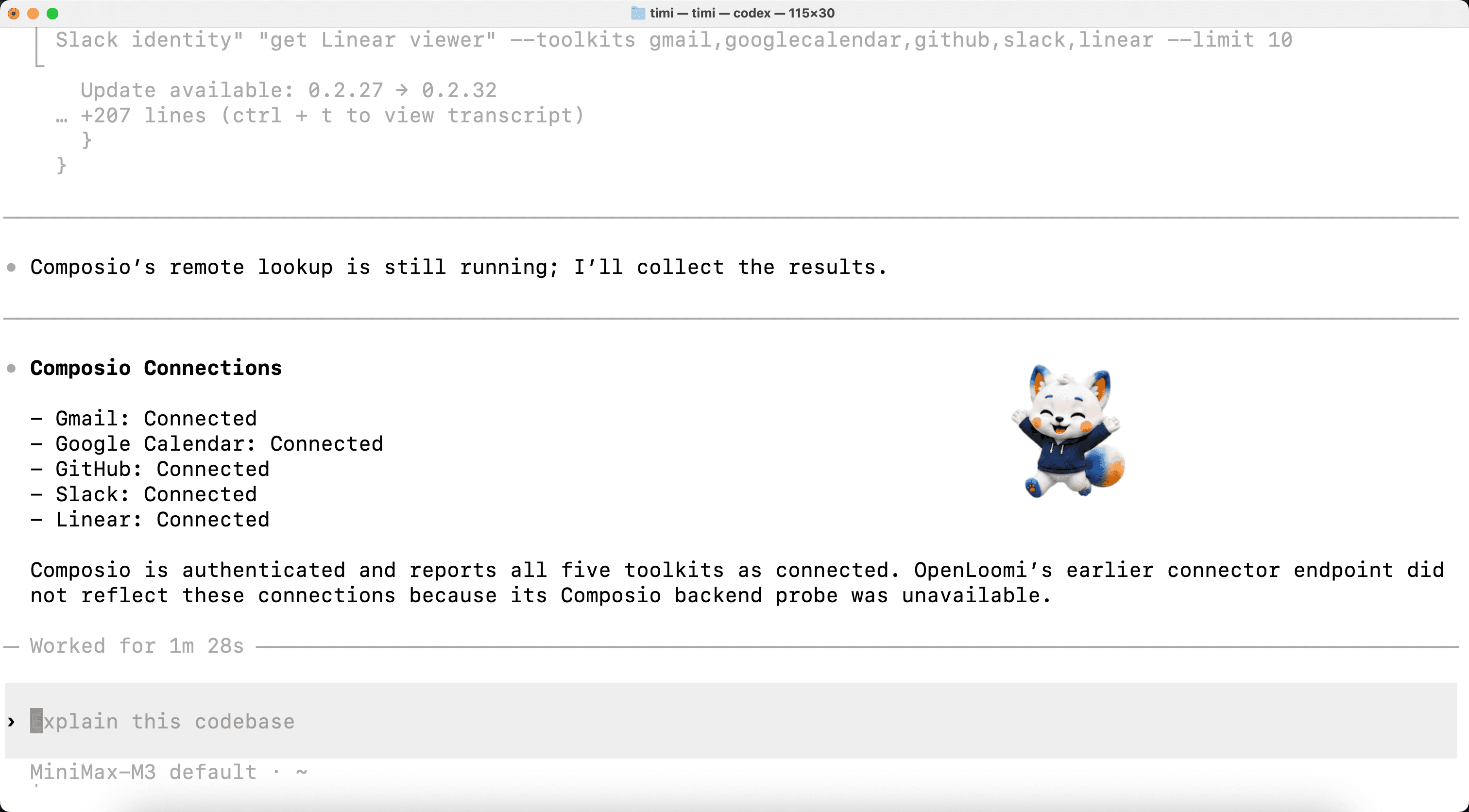 Step 12 — Composio Connections block after the auth probe: Gmail / Google Calendar / Google Drive / GitHub / Linear / Slack all reported Connected (6 active), with the happy Pet sprite reflecting the success