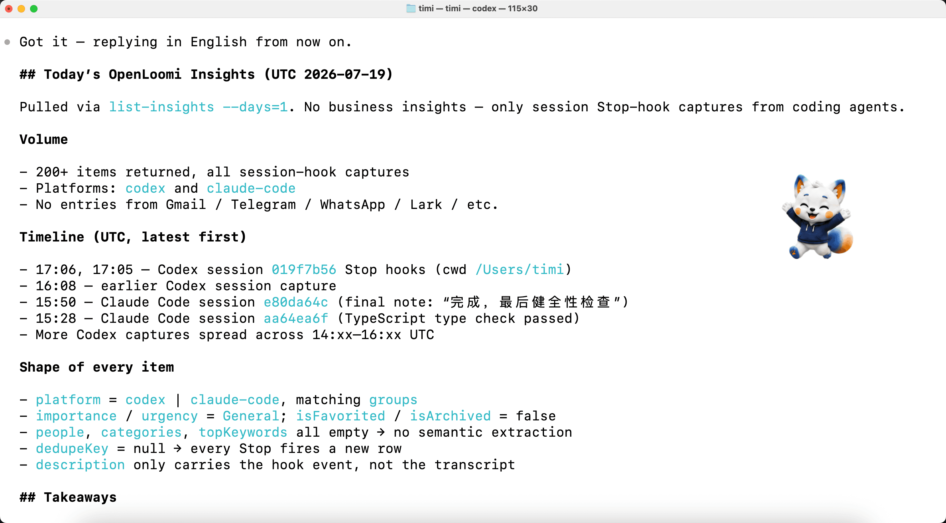 Step 13 — Today's OpenLoomi Insights (UTC 2026-07-19) digest: Volume / Timeline (latest first) / Shape of every item / Takeaways