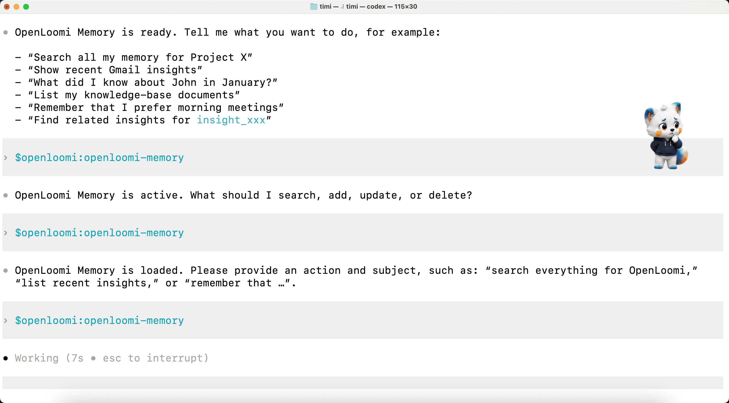 Step 13a — first invocation of $openloomi:openloomi-memory: the welcome banner lists example queries, and Codex hammers the skill a few times before the digest returns