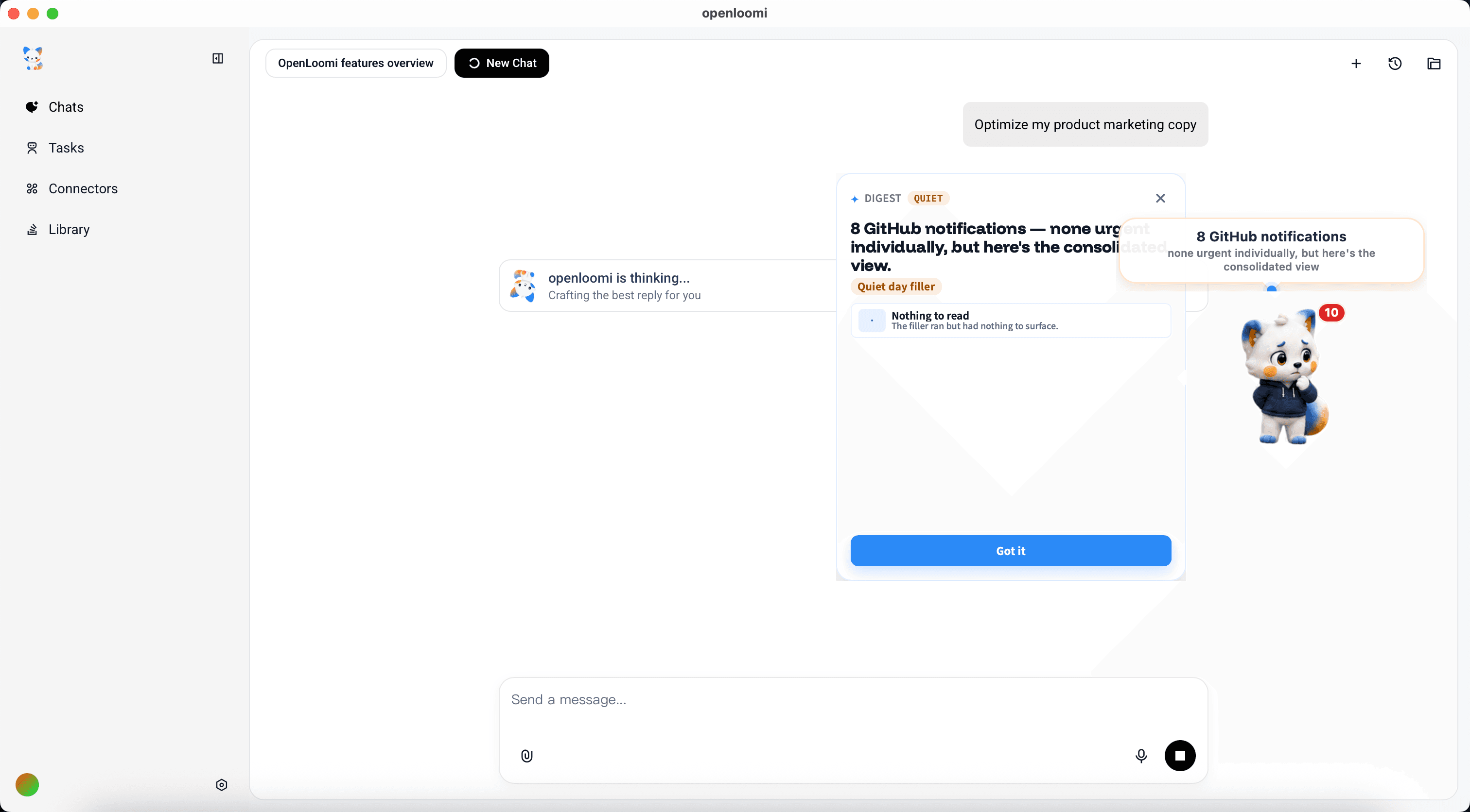 Loop card — DIGEST (QUIET) consolidating 8 GitHub notifications