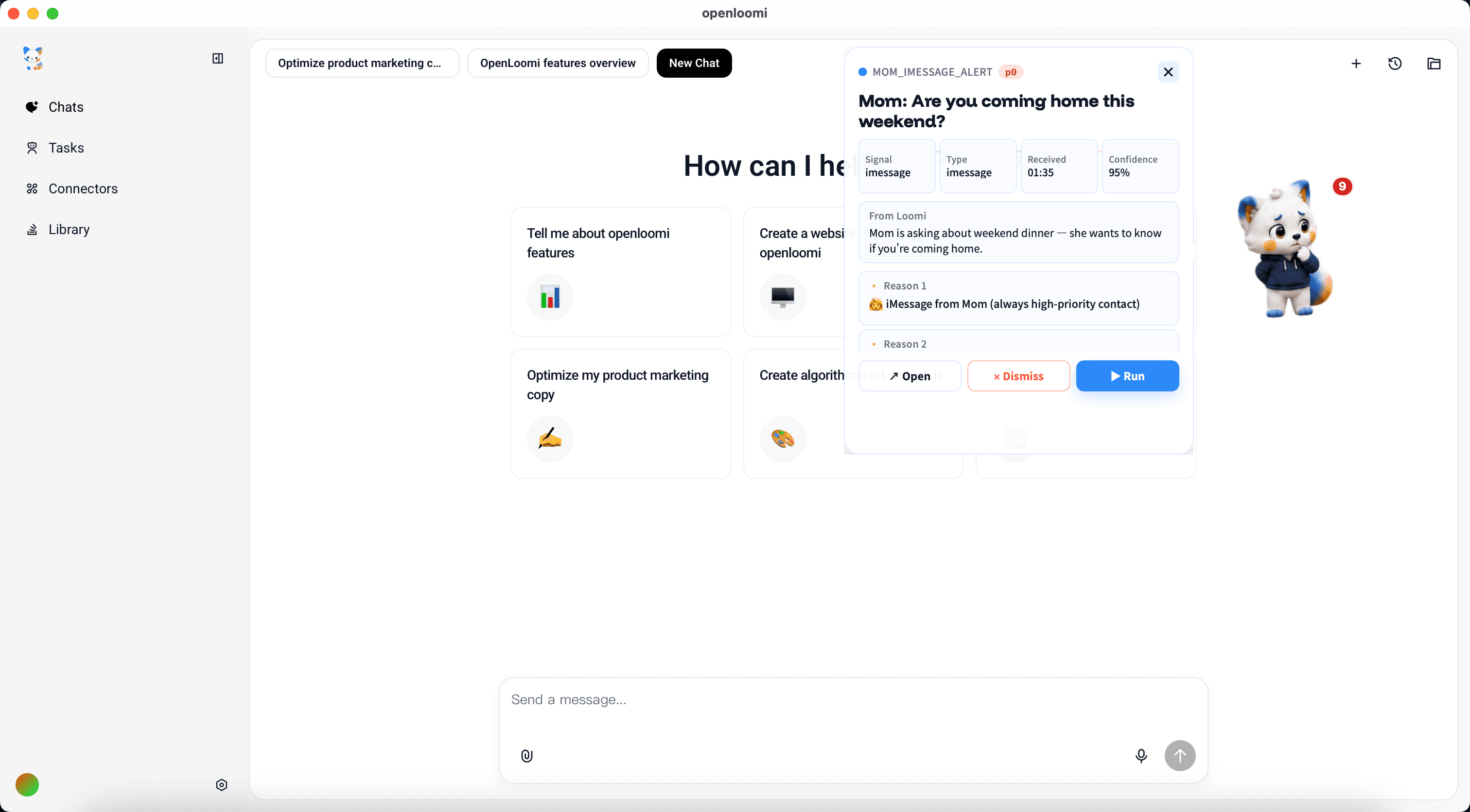 Step 17 — MOM_IMESSAGE_ALERT custom type fires and surfaces a high-priority todo card