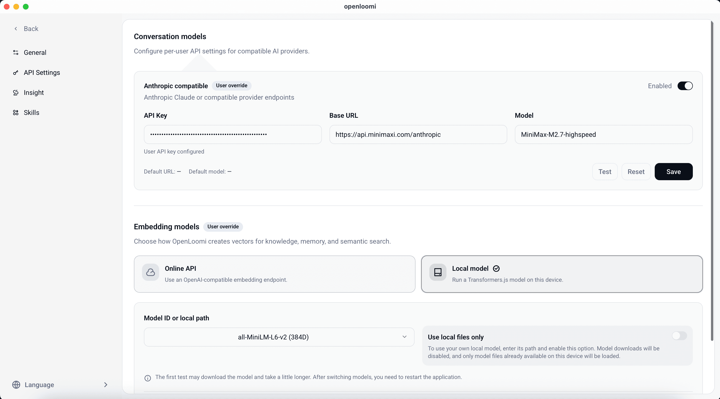 API Settings page showing Conversation models and Embedding models configuration panels