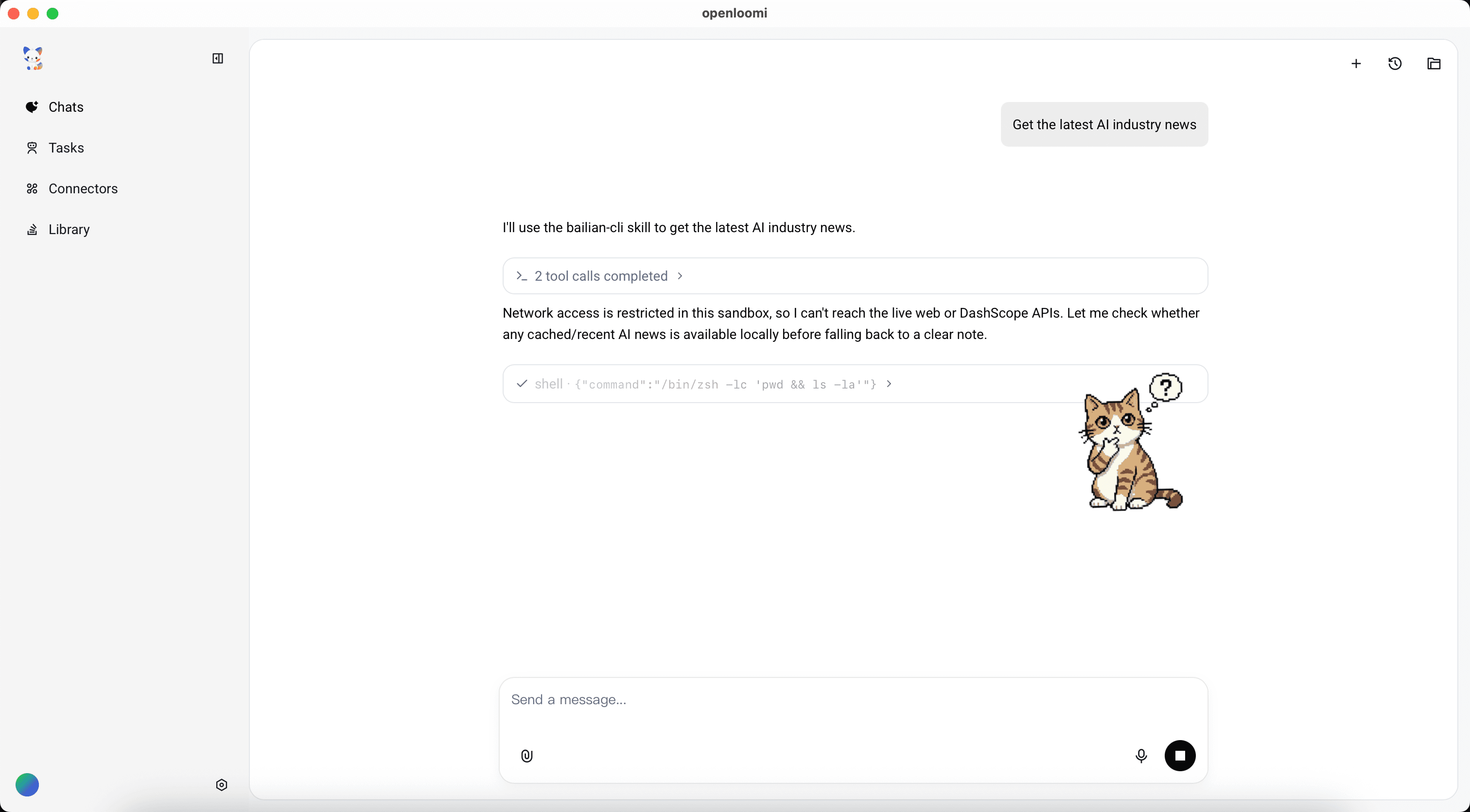 OpenLoomi main window running a custom kawaii pet theme — sidebar avatar and the inline thinking sprite are both a tabby cat, drawn from ~/.openloomi/pet-custom/kawaii/