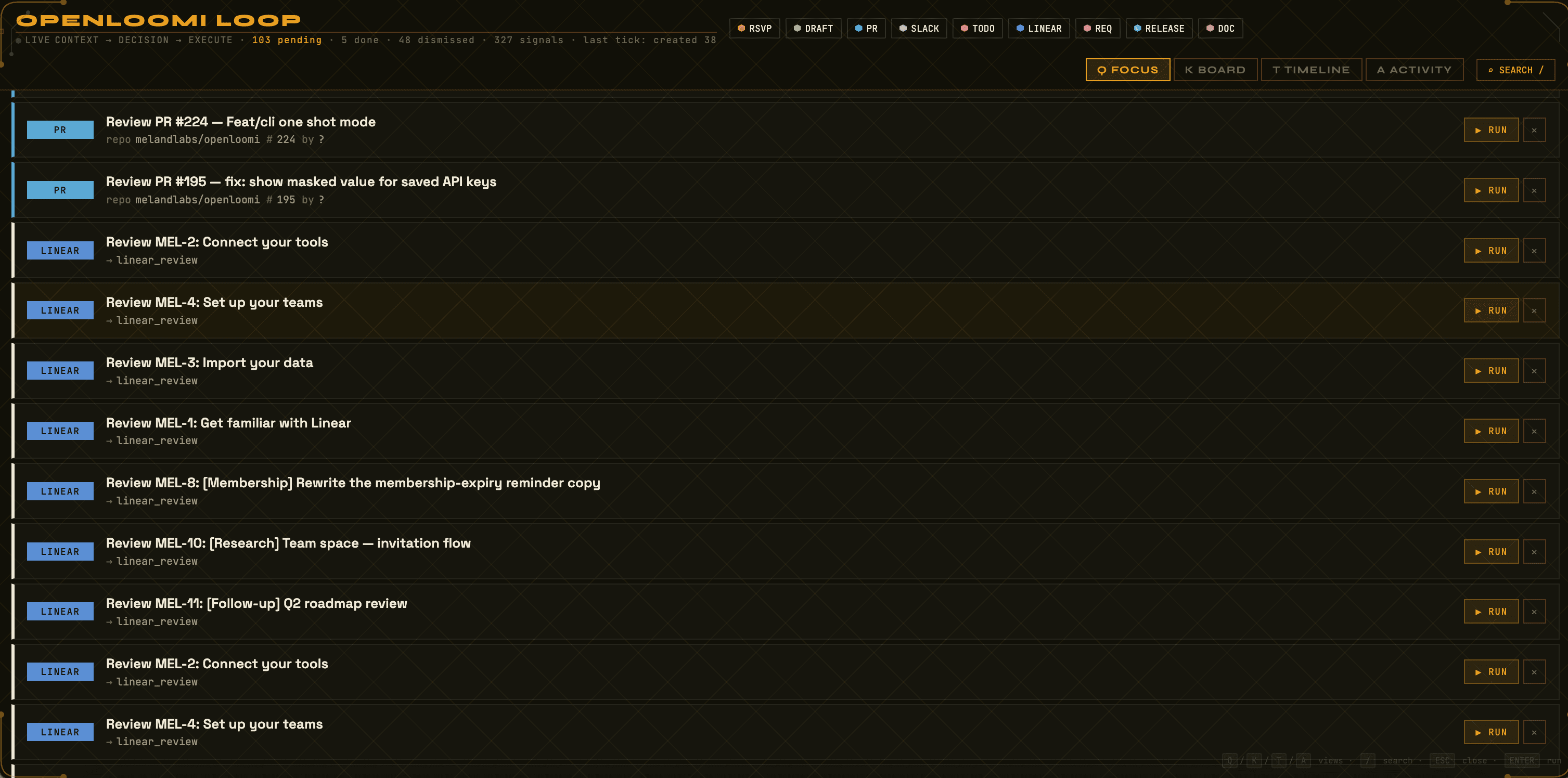 Loop board — ticket-review, requirement-synthesis, and PRD-landing cards sharing one queue