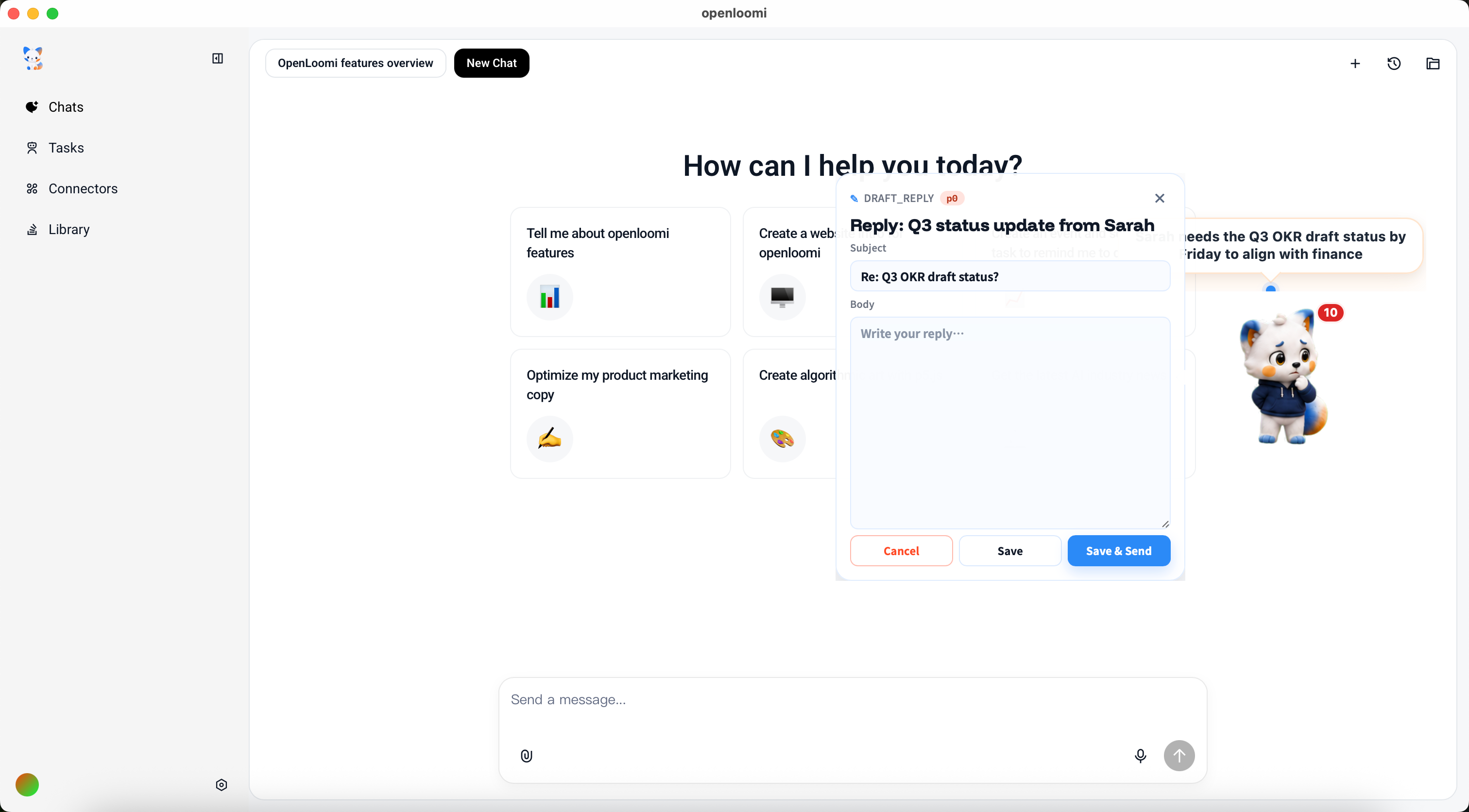 The email draft expanded into a Subject and Body reply editor