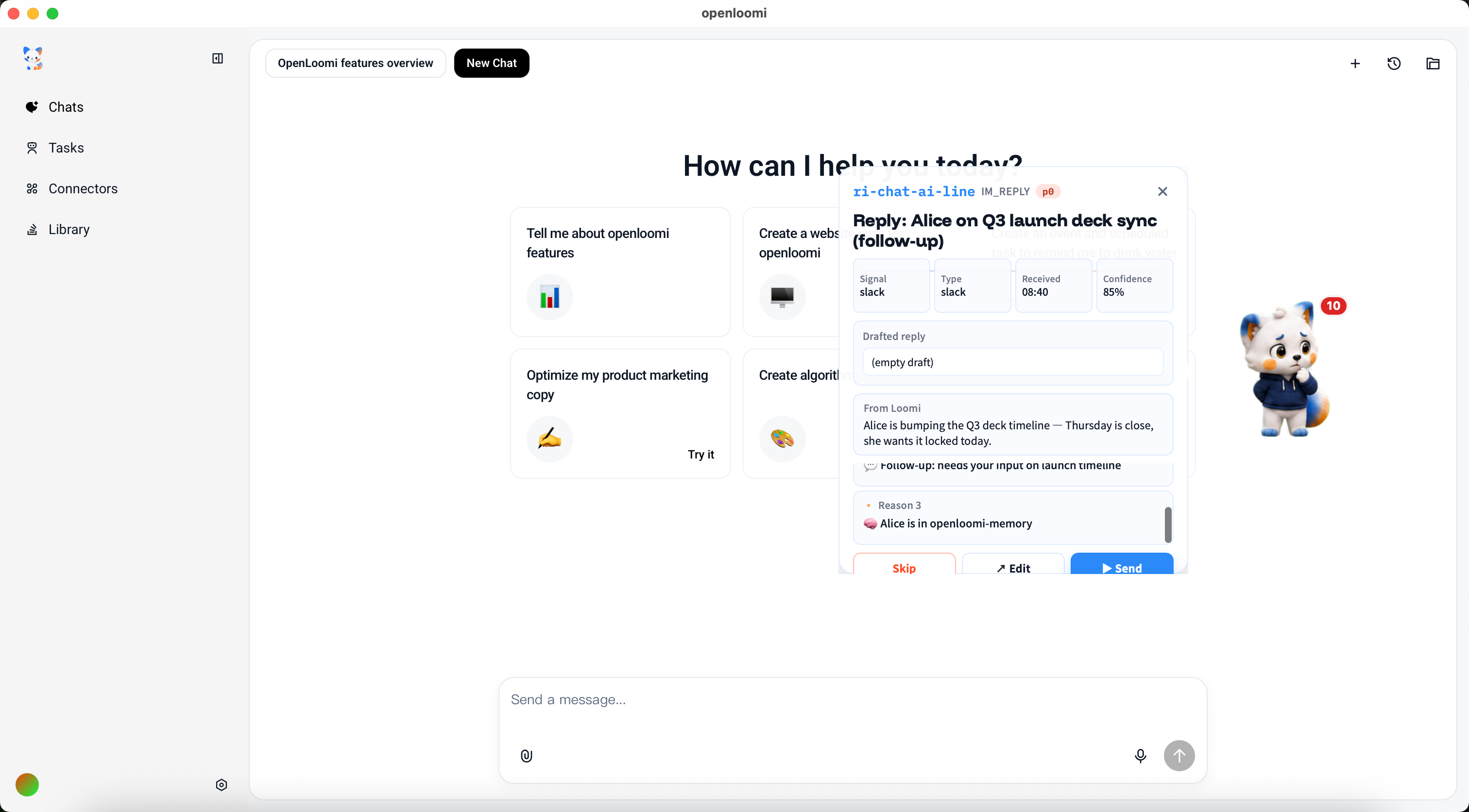A drafted message reply to an Alice Slack follow-up, with the reasoning behind it